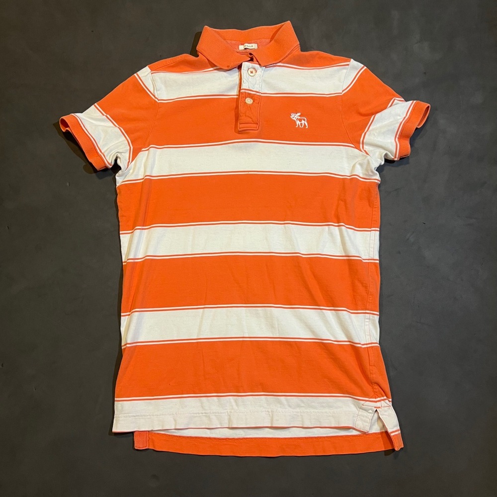 Y2K Abercrombie & Fitch Mens M Muscle Fit Polo Shirt Orange White‎ Striped Moose